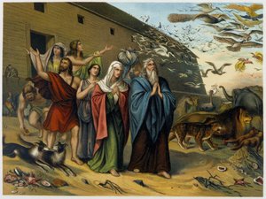 Después del diluvio, Noé, su familia y los animales salen del arca de Italian School