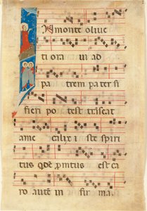 Agonía en el Huerto, inicial I historiada en una hoja de un libro de coro manuscrito iluminado (vitela) de Italian School