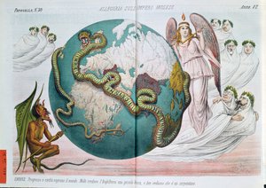 Alegoría del Imperio Británico estrangulando el mundo, caricatura satírica de Le Perroquet (Il Papagallo), 1878