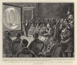 Un espectáculo en el Vaticano, el Papa en una exposición de linterna mágica (litografía) de Italian School