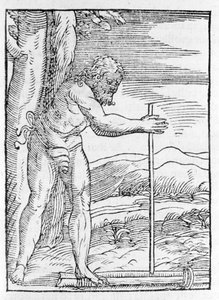 Un indio taíno encendiendo un fuego frotando dos piezas de madera. Grabado de “Navigationi y Viaggi” de Giovanni Battista Ramusio (1485-1557), vol. III, Venecia 1565.