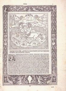 Página ilustrada de una edición latina de las "Vidas Paralelas" de Plutarco, que representa a Teseo luchando contra un centauro de Italian School