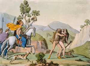 Antiguos guerreros celtas en una incursión se encuentran con una pareja de caza, c.1800-18 (grabado en color)