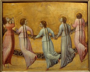 Ángeles bailando frente al sol. Ronda de ángeles sobre fondo dorado cogidos de la mano. Pintura anónima de la Escuela Italiana de Italian School
