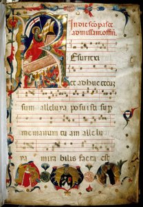 Antifonario (manuscrito de música sacra) con retrato del Dogo Marino Zorzi en la parte inferior izquierda