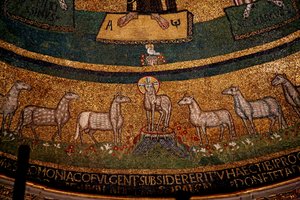 Mosaico del ábside con Cristo como el Cordero Pascual y ovejas de Italian School