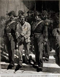Arresto de Giovanni Passannante (1849-1910) quien llevó a cabo el ataque al rey italiano Umberto I en Nápoles en 1878. Este evento inspiró al poeta Giovanni Pascoli (1855-1912) en una Oda. Grabado del siglo XIX de Italian School