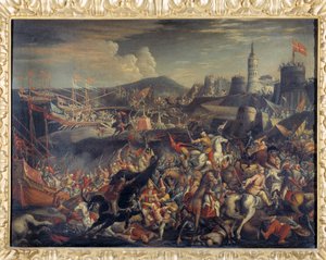Ataque de los Sarracenos en la Isla de Malta, Defendida por los Caballeros Hospitalarios en 1565 de Italian School
