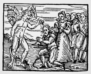 Bautismo por el diablo, copia de una ilustración del Compendium Maleficarum por Fr M Guaccius, Milán 1608, usada en Historia de la Magia, publicada a finales del siglo XIX