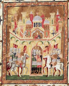 Escena de batalla en las murallas de Jerusalén, de Descriptio Terrae Sanctae por Burcardus Theutonicus o Burchard de Monte Sion
