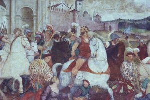 Escena de batalla fuera de las murallas de la ciudad, c. 1460 (fresco) de Italian School