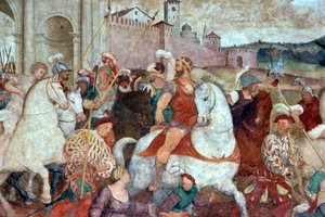 Escena de batalla fuera de las murallas de la ciudad, hacia 1460 (fresco) de Italian School