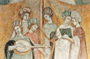 Bicocca degli Arcimboldi: fresco del siglo XV, detalle de mujeres tocando música (fresco) de Italian School