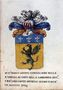 Blasón de la familia Greppi de Milán, casco de armadura, flores de lis y dragón. Siglo XVIII Archivo de estado de Milán de Italian School