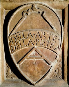 Blasón de la congregación de trabajadores de piedra. Se representan un compás y una escuadra de Italian School
