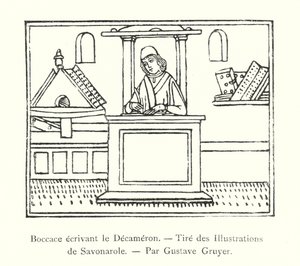Boccaccio escribiendo el Decamerón, De las Ilustraciones de Savonarola, Por Gustave Gruyer de Italian School