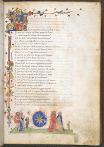 Burney 227 f.3 Un miembro de la familia Stella de Verona: las armas de la familia: azur, una estrella de ocho puntas, de "Amphitruo, Ocho comedias con prólogos y argumentos" de Titus Maccius Plautus, c.1440 (tinta, color y oro sobre vitela) de Italian School