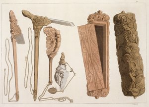 Herramientas aborígenes talladas y decoradas, ilustración de una colección de libros de viajes de principios del siglo XIX de Italian School