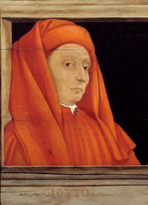 Cassone con 5 retratos del Maestro del Renacimiento Florentino, detalle con el retrato de Bondone Ambrogio, llamado Giotto di Bondone (ca. 1267-1337), Escuela Italiana del siglo XVI