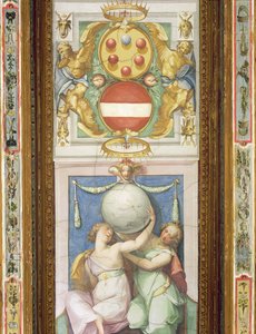 Decoración del techo que representa a dos figuras femeninas sosteniendo un globo: arriba hay una representación del escudo de armas de los Medici de Italian School