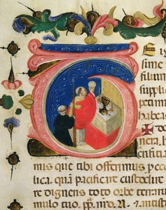 Celebración de la Eucaristía, de una Mariegola del gremio laico de San Jerónimo, c.1400 (tinta y hoja de oro sobre vitela)