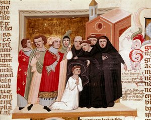 Ceremonia del hábito de un monje. Miniatura del “Decretum Gratiani” (Concordia discordantium canonum) que data de 1140 y regula las leyes y cánones de la Iglesia Católica Romana. Siglo XIV Siena, Biblioteca degli Intronati de Italian School
