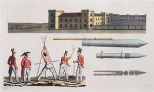 Cuarteles de Chatham, un castigo militar llamado el Triángulo y cohetes Congreve, lámina 17 de La Historia de las Naciones de Italian School