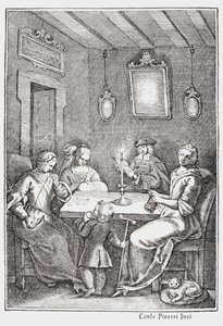 Chiaqlira leyendo cuentos a un grupo de costura, portada de El Pentamerón de Giambattista Basile, 1742 de Italian School