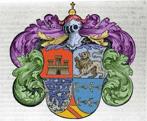 Escudo de armas del navegante Cristóbal Colón (1451-1506): las cuatro partes del escudo representan en la parte superior la ciudad de Castilla y León, abajo las islas descubiertas y los anclas símbolo del almirantazgo. Grabado del libro “Navigationi and Vi de Italian School