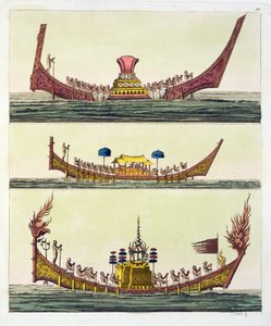 Barcos de Cochin China, ilustración de Le Costume Ancien et Moderne por Giulio Ferrario