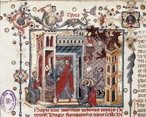 Codices Cavenses, Cod.25 f.181, Simón el Mago, el Emperador Nerón y los Apóstoles, miniatura del Speculum Historiale, Parte I, por Vincent de Beauvais, c.1320 de Italian School