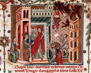 Codices Cavenses, Cod.25 f.181, Simón el Mago, el Emperador Nerón y los Apóstoles, miniatura del Speculum Historiale, Parte I, por Vincent de Beauvais, c.1320 de Italian School