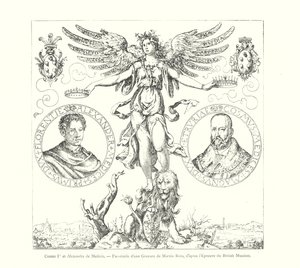 Cosme I y Alejandro de Médicis, facsímil de un grabado de Martin Rota, según la prueba del Museo Británico de Italian School