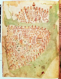 Algodón Vespasiano A. XIII, f.36v: Mapa de Constantinopla, c.1450 (vitela)