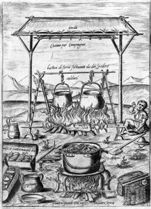 Cocina campestre: calderos y ollas colocados sobre el fuego. Grabado de 