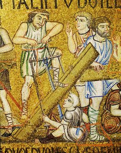 Artesanos construyendo el Arca ... (mosaico) de Italian School