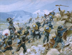 Guerra de Crimea y la batalla de Chernaya, 16 de agosto de 1855, ilustración de un álbum sobre la historia del Risorgimento hecho para el chocolate Talmone, finales del siglo XIX