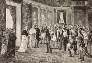 El príncipe heredero de Alemania (futuro Federico III) recibido por el Papa León XIII en la sala del trono, Vaticano, grabado de un dibujo de Ximenes de un boceto de Dal Don, de L