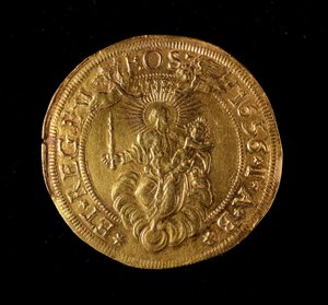 Moneda de la República de Génova: moneda de 12.5 doppie de oro. Diámetro 61 mm. 1656. Reverso. Musei di Strada Nuova, Génova (inv. 6453)
