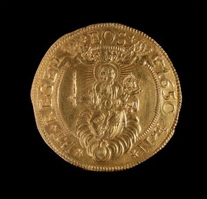 Moneda de la República de Génova: moneda de 12.5 doppie de oro. Diámetro 61 mm. 1656. reverso. Genes Musei di Strada Nuova de Italian School