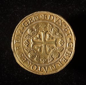 Moneda de la República de Génova: moneda de 12.5 doppie de oro. Diámetro 61 mm. 1656. Anverso. Musei di Strada Nuova de Génova (inv. 6456) de Italian School