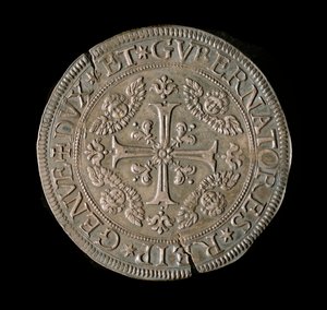 Moneda de la República de Génova: ECU ancho en plata. Diámetro 61 mm. 1693. frente. Genes Musei di Strada Nuova (inv, M7135) de Italian School
