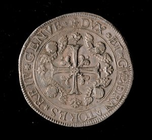 Moneda de la República de Génova: moneda de cinco ecus de plata. Diámetro 61 mm. 1693. Anverso. Genes Musei di Strada Nuova