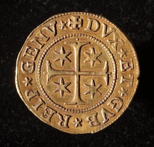 Moneda de la República de Génova: moneda de cinco doppie de oro. Diámetro 41 mm. 1642. anverso. Genes Musei di Strada Nuova de Italian School