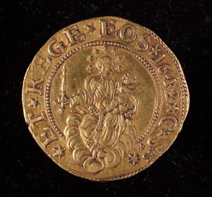 Moneda de la República de Génova: moneda de cinco doppie de oro. Diámetro 41 mm. 1642. reverso. Genes Musei di Strada Nuova de Italian School