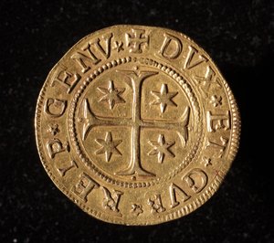 Moneda de la República de Génova: moneda de cinco doppie de oro. Diámetro 41 mm. 1652. anverso. Genes Musei di Strada Nuova de Italian School