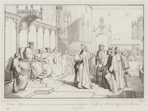 Dante Alighieri se presenta al senado como embajador de Guido Novello di Polenta Señor de Ravenna de Italian School