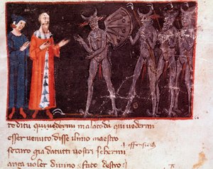Dante y Virgilio hablan con Malacoda, líder de los escuadrones de Malebranche (canto 21 del Infierno, en la Divina Comedia) - Miniatura