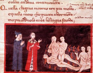 Dante y Virgilio rodeados por los violentos (canto 14 del Infierno, en la Divina Comedia) - miniatura del siglo XIV