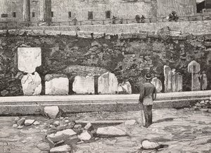 Hemicíclo decorativo en el Foro Romano, Roma, Italia, grabado del dibujo de Dante Paolocci, de L